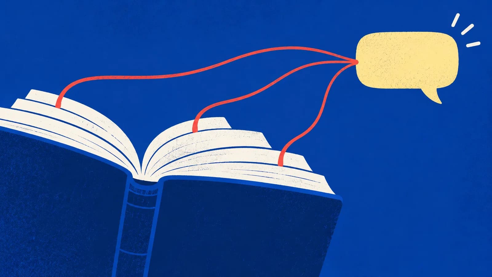 Flat editorial illustration of an open book with citation threads connecting to an answer bubble