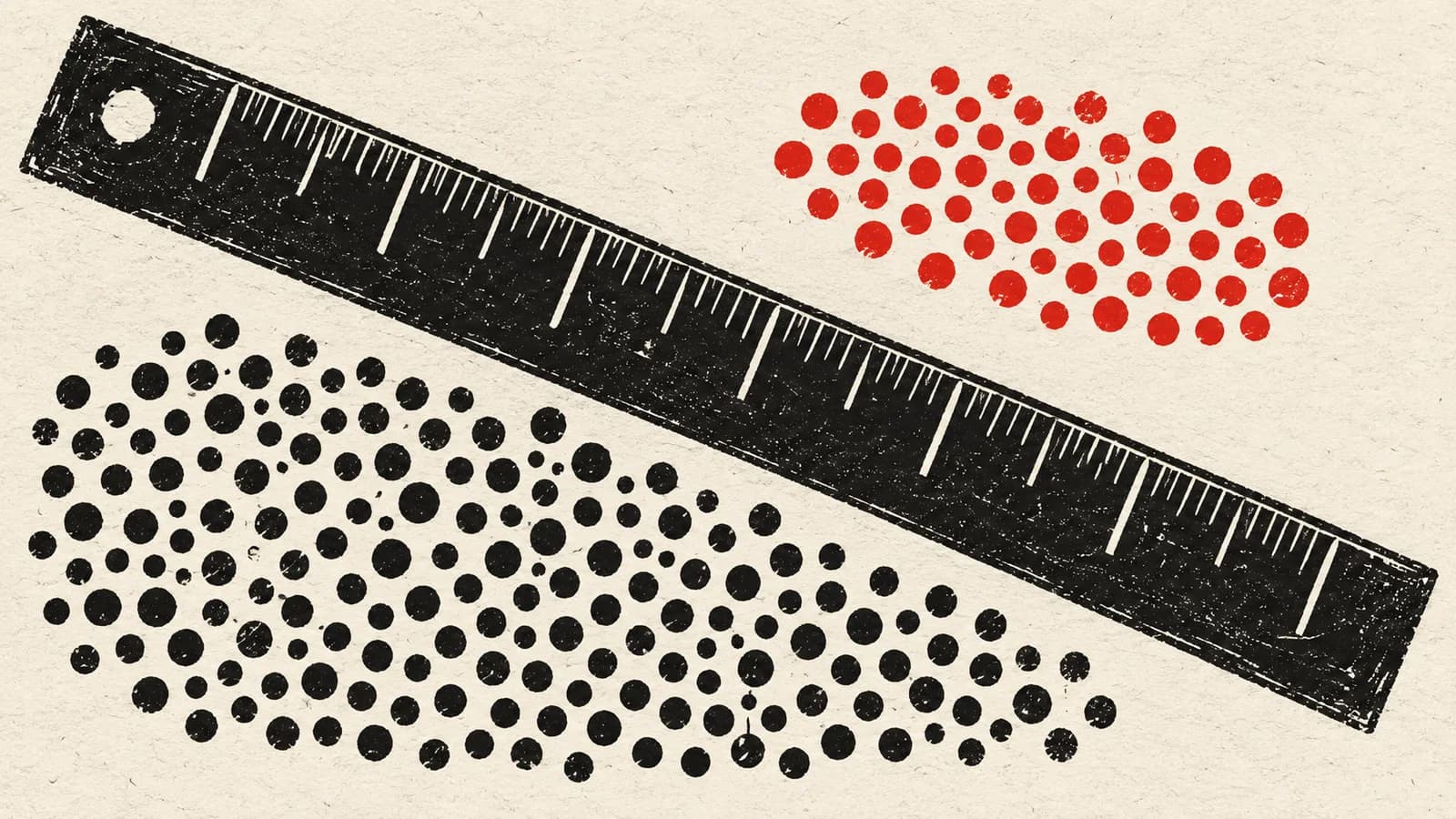 Ink illustration of a ruler and separate groups of dots, representing measurement and counting