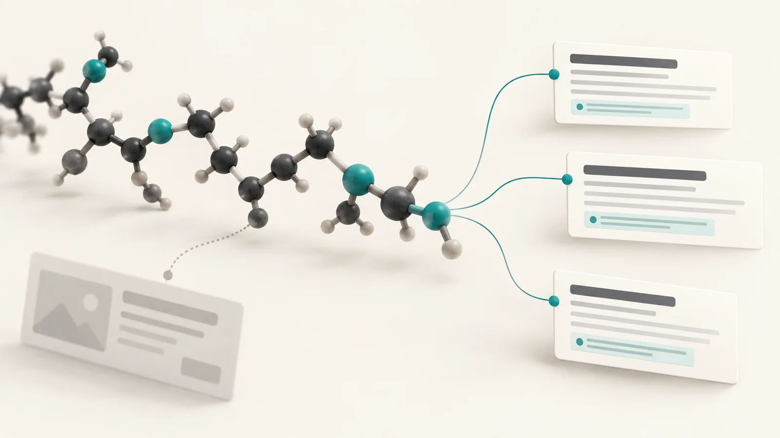 A peptide-inspired molecular chain connected to answer cards with highlighted source markers
