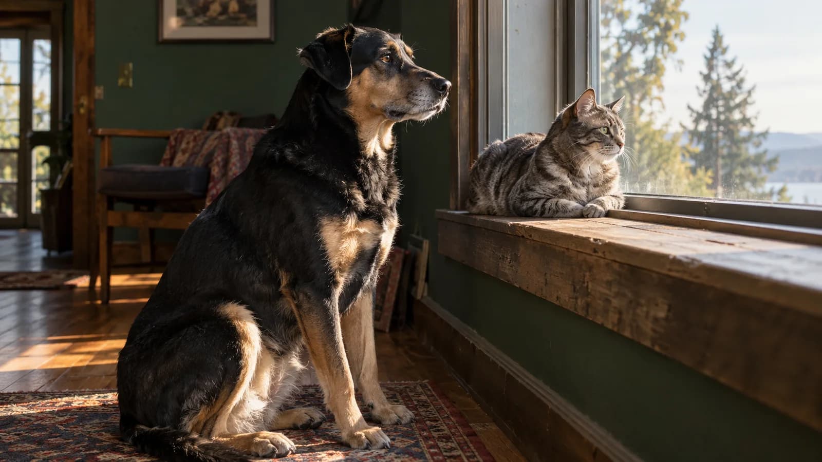 Editorial photograph of a dog and a tabby cat beside a sunlit window