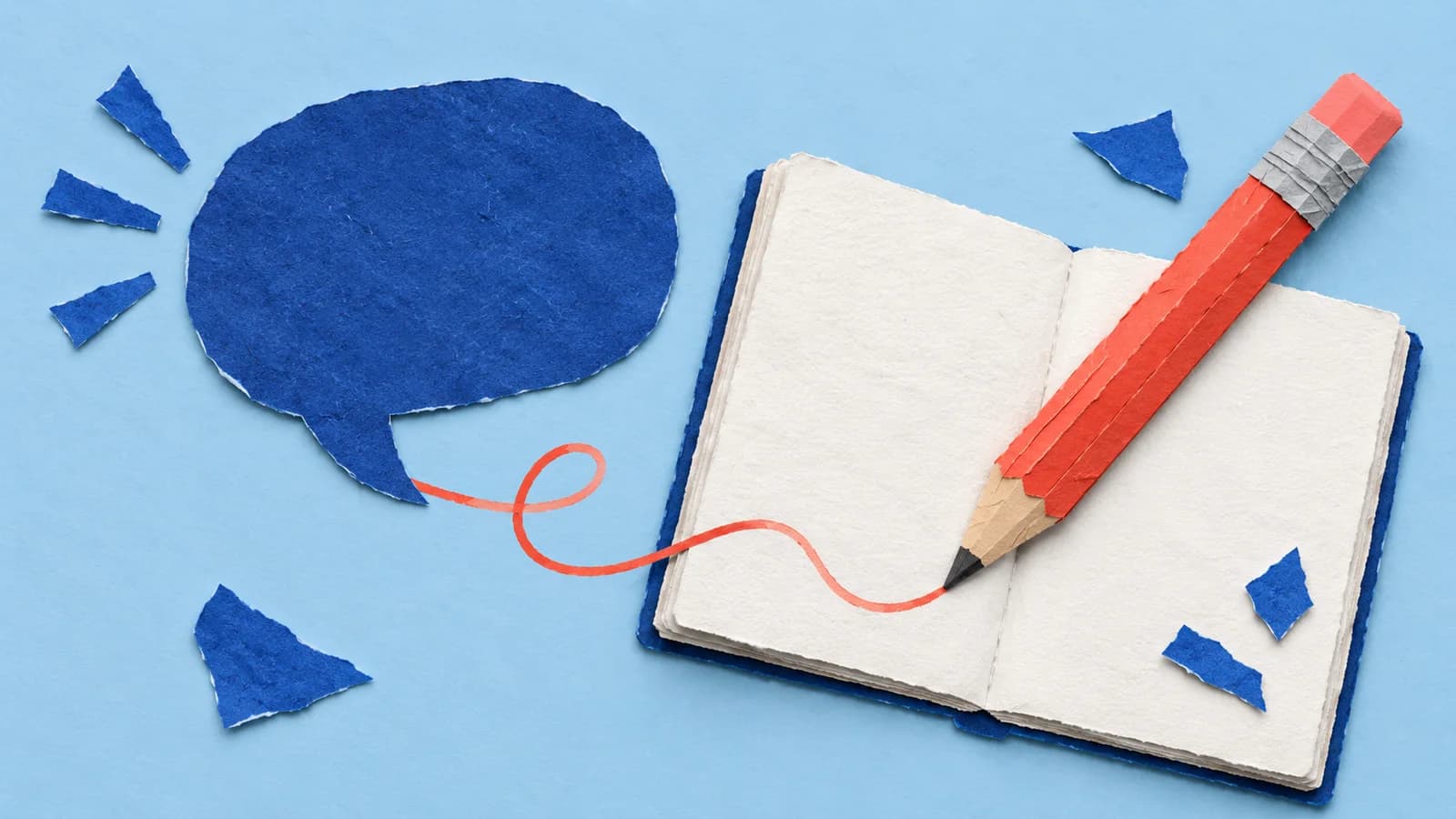 Cut-paper editorial collage of a pencil connecting a question to a written page